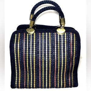 Italian Purse Blue Canvas with Woven Stripes Detachable Straps Brass Hardware